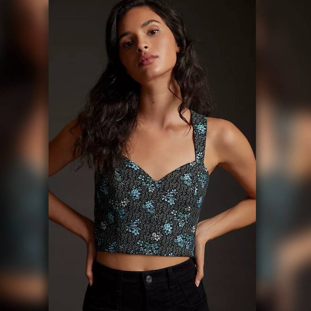 Sachin + Babi Black and Blue Floral Crop Bustier Top
